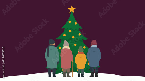 Back view of a family standing together in front of a decorated Christmas tree in winter