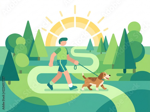 Morning Walk with Canine Companion: A person enjoys a refreshing morning walk with their loyal dog on a winding path through a park, under a bright, stylized sun.