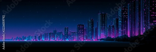 Pixel art night city skyline with glowing windows and neon lights