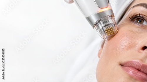 Close up of woman receiving facial skin treatment with modern handheld device on cheek