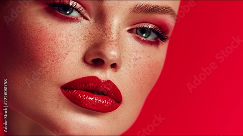 Close-up beauty portrait of a freckled woman with red lips and eyeshadow against a red background.