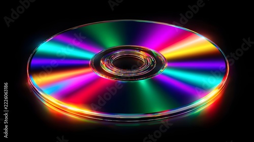 Glowing optical compact disc with vibrant rainbow rainbow spectrum reflection lying on reflective black surface in dark studio setting.
