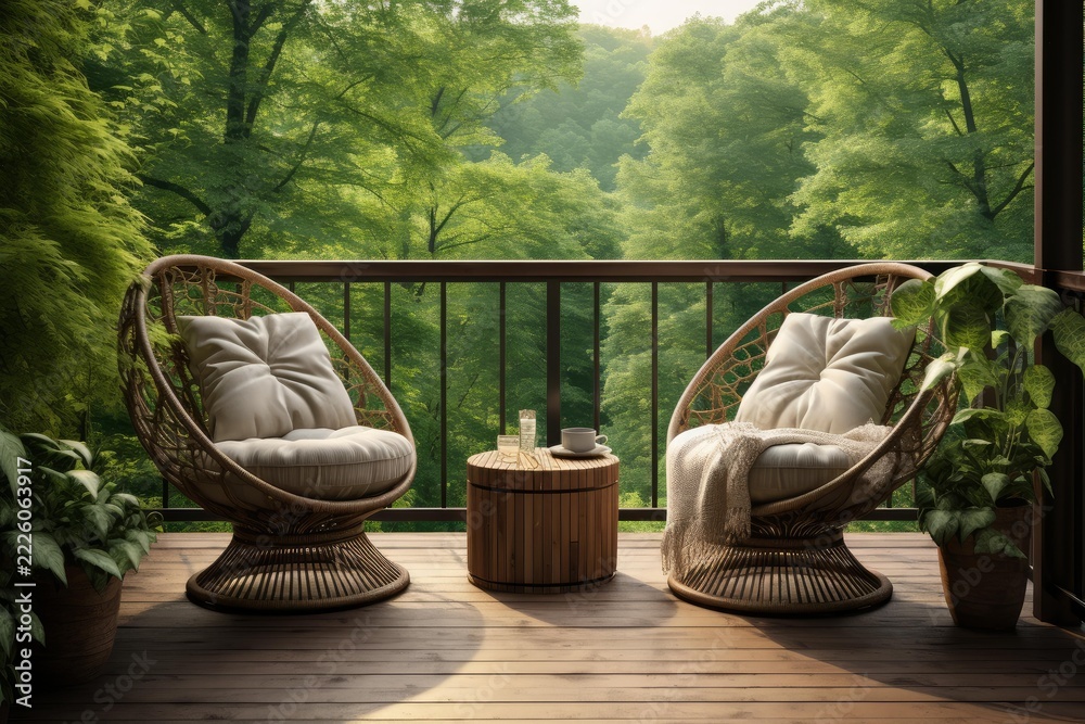 Naklejka premium Balcony featuring two wicker chairs and a table against a lush green forest background