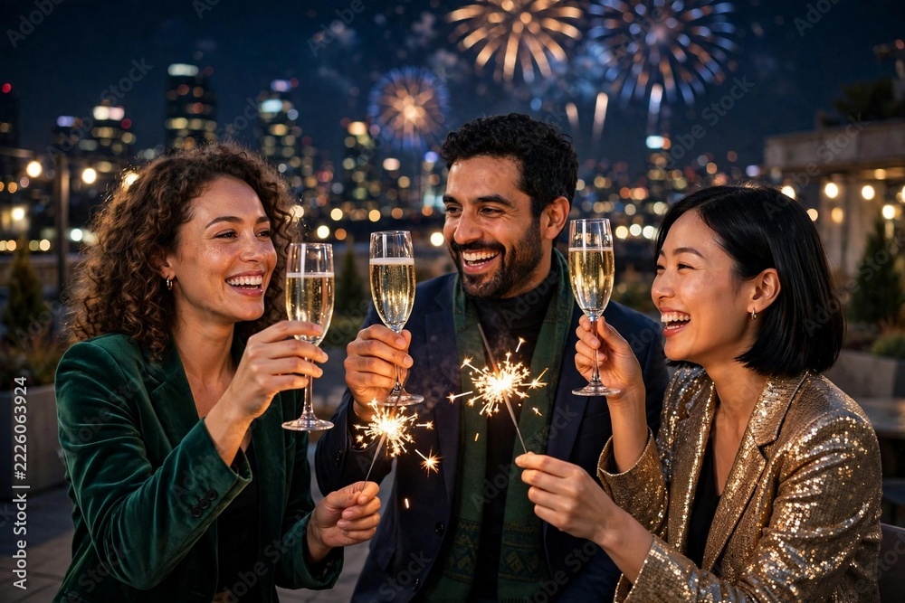 Fototapeta premium Friends toasting with champagne flutes and lit sparklers on a rooftop terrace under New Year fireworks