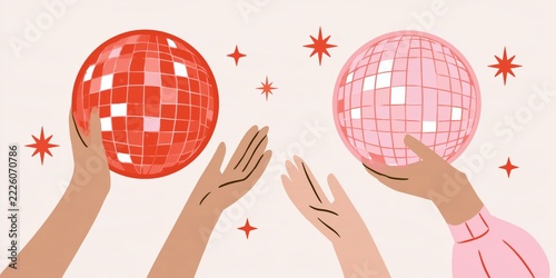 Red and pink disco balls held by hands with stars on a light background in cartoon style