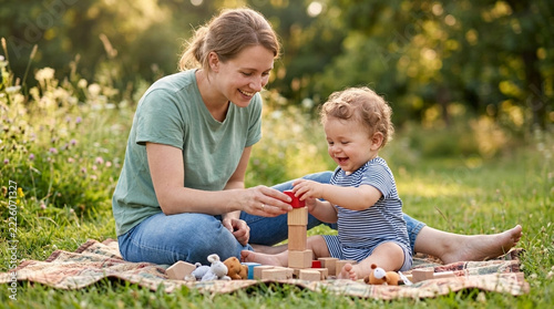 Happy Mother and Baby Playing with Wooden Blocks on Picnic Blanket in Sunny Park
