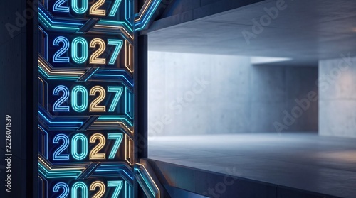 Futuristic 2027 Neon Sign in Minimalist Concrete Space