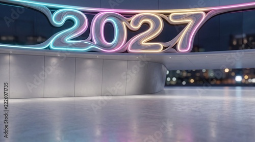 Futuristic 2027 Neon Sign on Modern Architecture at Night