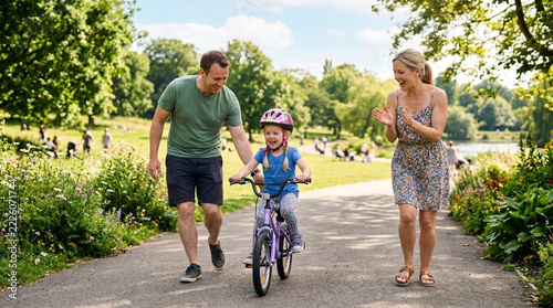 Happy family teaching young girl to ride bicycle in park parents proud sunny day childhood memories