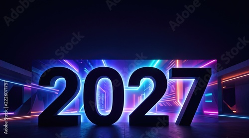Futuristic 2027 New Year Background with Neon Lights