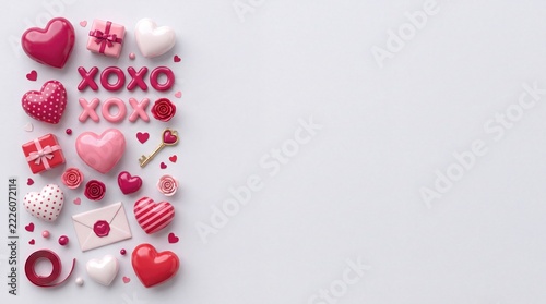 Valentine's Day Flat Lay with Hearts and Gifts on Gray Background
