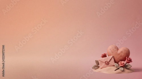 Romantic heart with love letter and roses on pink background