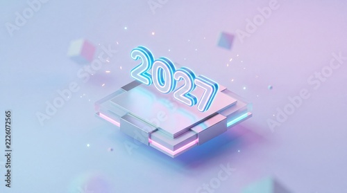 Futuristic 3D Glowing Neon 2027 Number on Digital Platform