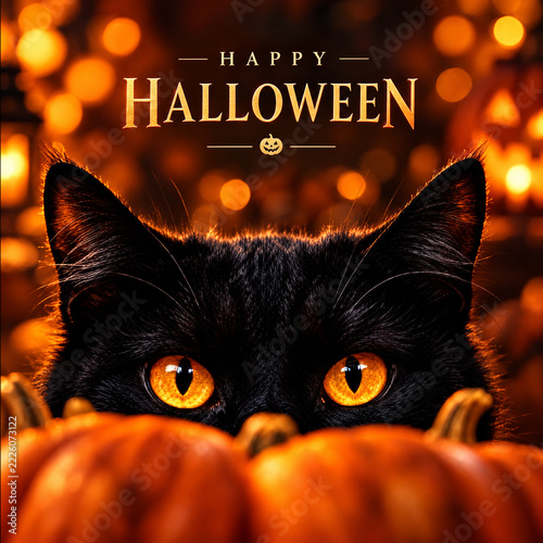 Black cat with glowing orange eyes, Happy Halloween with pumpkins and bokeh
