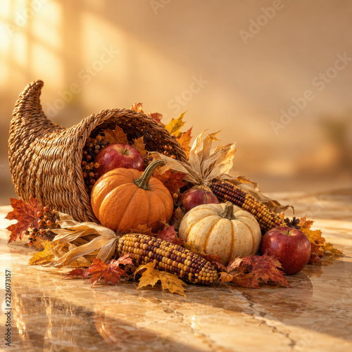 Cornucopia with pumpkins, apples and autumn leaves, Thanksgiving harvest still life