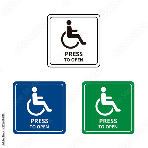 Press to open button for disable person sign on white, green and blue background