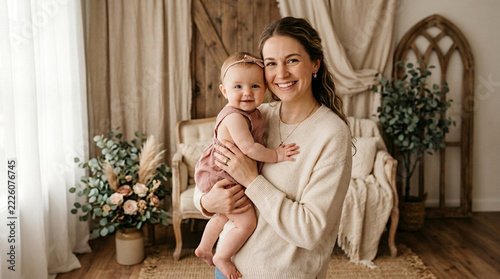 Happy Mother Holding Adorable Baby Girl in Cozy Studio Portrait