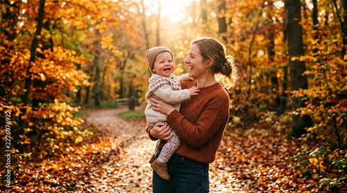 Happy Mother Holding Baby Daughter in Autumn Forest Path Fall Colors Golden Sunlight