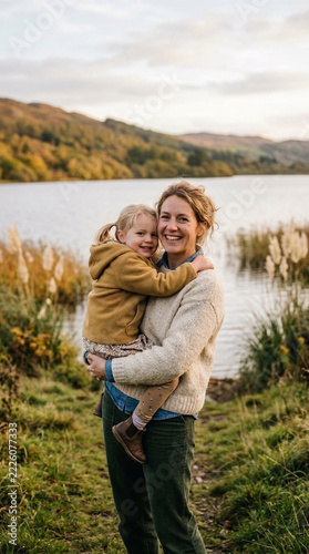 Happy Mother Holding Daughter by Lake Outdoor Family Portrait Autumn Landscape Joyful Moment