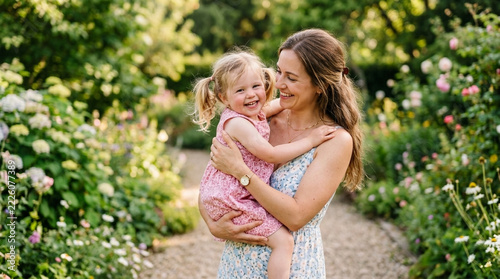 Happy Mother Holding Daughter in Blooming Garden