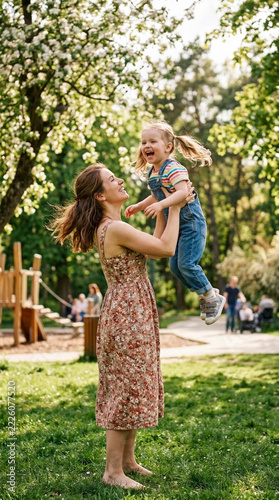 Happy Mother Lifting Daughter Up In The Air at Sunny Park
