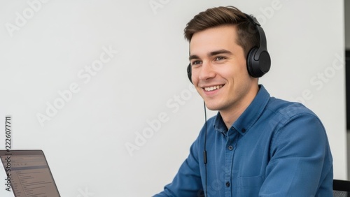 Young man with headphones using laptop at office