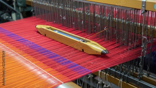 Wooden shuttle weaving red fabric on textile loom