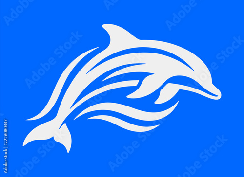 Jumping Dolphin with Ocean Waves Silhouette Line Art Logo Vector Isolated on Blue Background