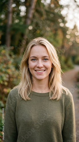 Young blonde woman smiling outdoors in a forest casual lifestyle portrait