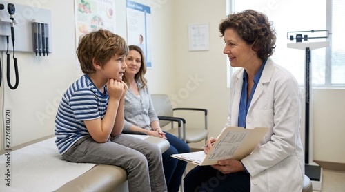Young Boy Talking to Doctor While Mother Watches in Medical Exam Room