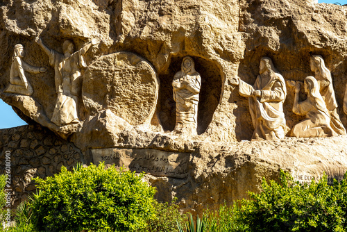 Moqattam neighborhood in Cairo, Egypt. St. Simon Coptic Monastery. Monumental sculptures carved directly from limestone depict the biblical story of the Resurrection.