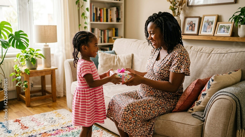 Young daughter gives a gift to her pregnant mother on the couch happy family moment at home