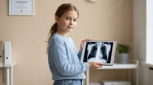 Young Girl Holding Tablet Displaying Chest X ray Image in Medical Office