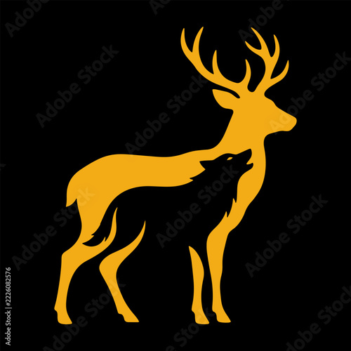 Forest Wildlife Logo Concept with Nesting Deer and Howling Wolf Silhouette Vector