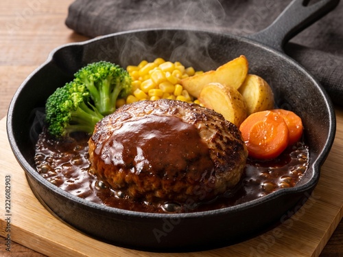 A savory dish of meat and vegetables in a cast iron skillet