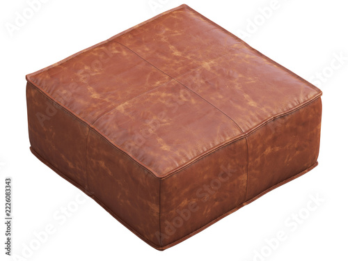 Distressed cognac brown leather ottoman with a square cushioned top, stitched seams and piped edges. Isolated 3D render for furniture visualisation.