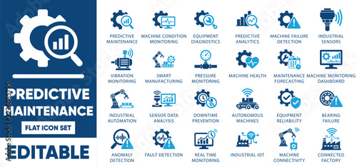 Predictive maintenance icon set. featuring machine condition monitoring, industrial sensors, predictive analytics, and fault detection.