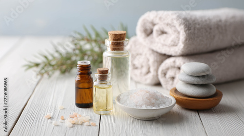 Spa Treatment Essentials with Massage Stones, Essential Oils and Sea Salt on a White Wooden Table