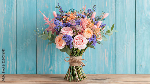 Autumn Bridal Bouquet with Seasonal Flowers and Dried Leaves on a Wooden Table