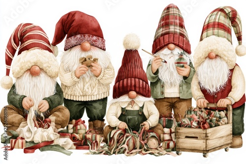 Set of cute bohemian gnomes with Santa hats on and winter themes on them on white backgrounds