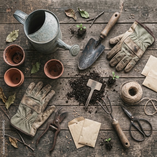 Vintage Gardening Tools and Supplies on Rustic Wooden Surface