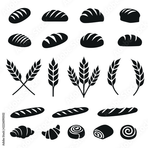 Bread and wheat vector silhouette collection. Black bakery icons with loaves, baguettes, croissants, buns and wheat ears isolated on white. Set for bakery logos, food packaging and branding.