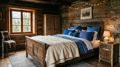 Cozy Rustic Bedroom with Log Walls Wooden Bed and Forest View Window