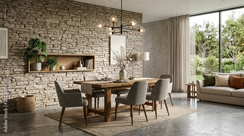 Cozy Rustic Dining Room with Stone Wall Modern Chandelier and Large Window View