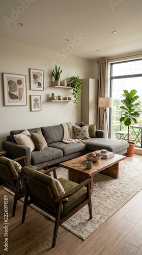 Cozy Modern Living Room with Sectional Sofa Coffee Table Plants and Abstract Art