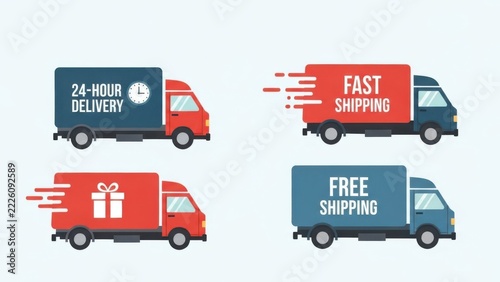 Set of delivery trucks for fast shipping services