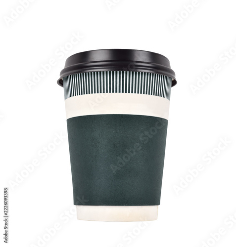 Disposable paper coffee cup with black lid.