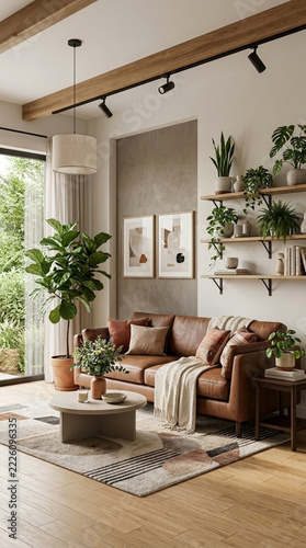 Cozy modern living room with brown leather sofa plants abstract art and natural light