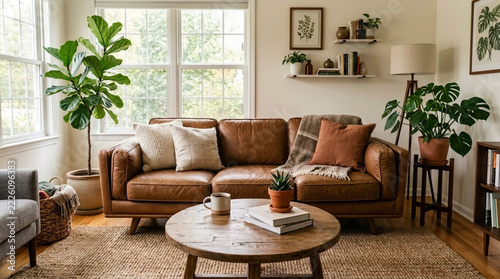 Cozy Modern Living Room with Brown Leather Sofa Plants and Natural Light