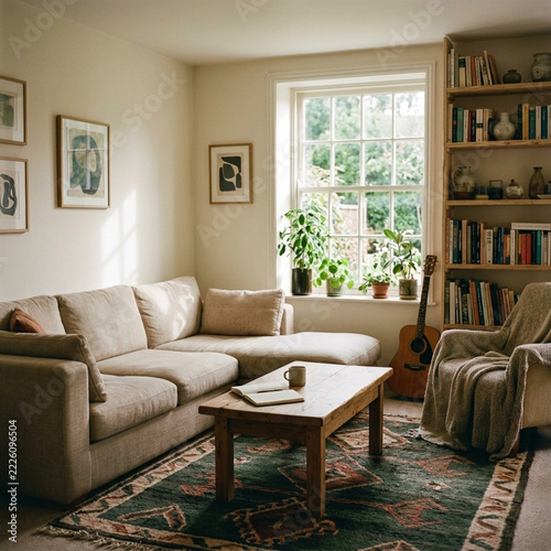 Cozy living room with sectional sofa bookshelf coffee table and acoustic guitar near window with plants
